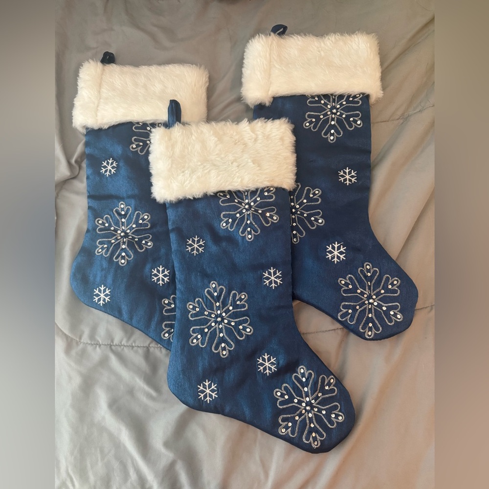 Like New! Festive Blue Snowflake Holiday Stocking with White Cuff, Set of 3